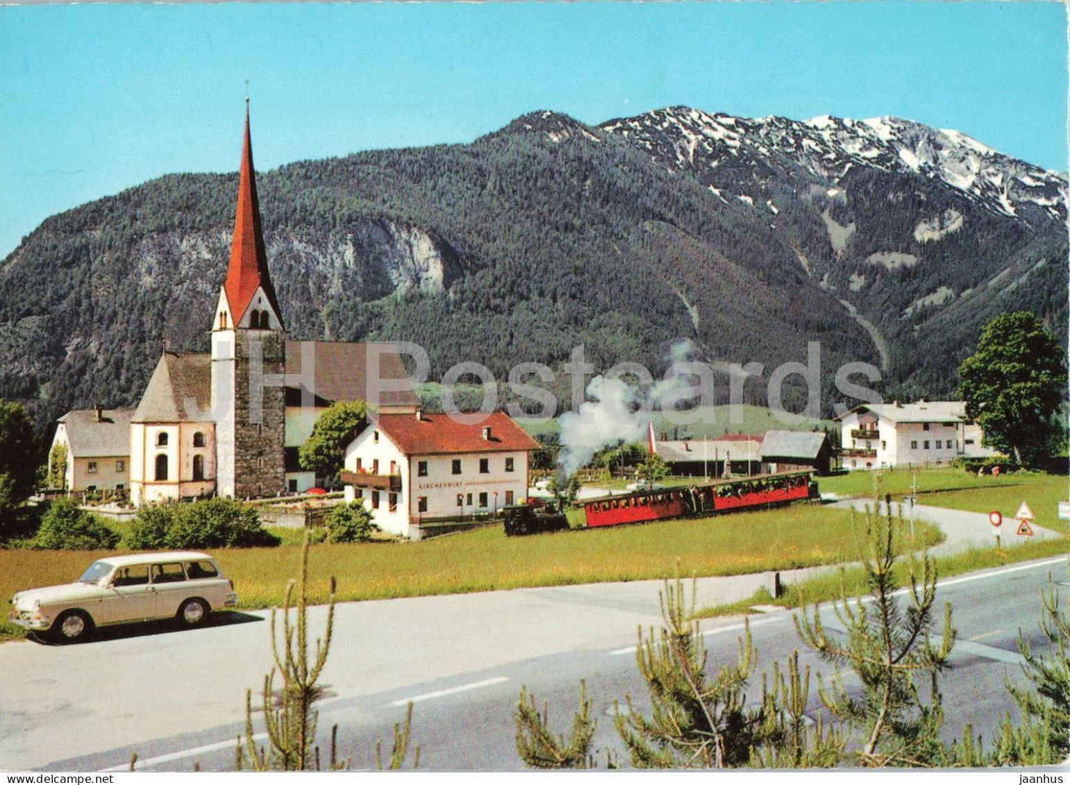 Eben am Achensee 950 m mit Achensee Zahnradbahn - car - village - church - steam train - Austria - used - JH Postcards