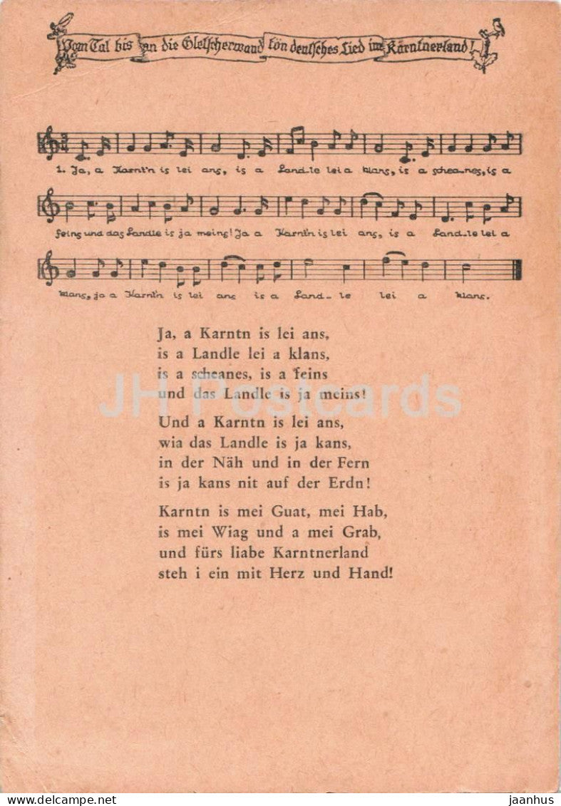 Vom Tal bis an die Gletscherwand - ton deutsches Lied im Karntnerland - song lyrics - old postcard - Austria - unused - JH Postcards
