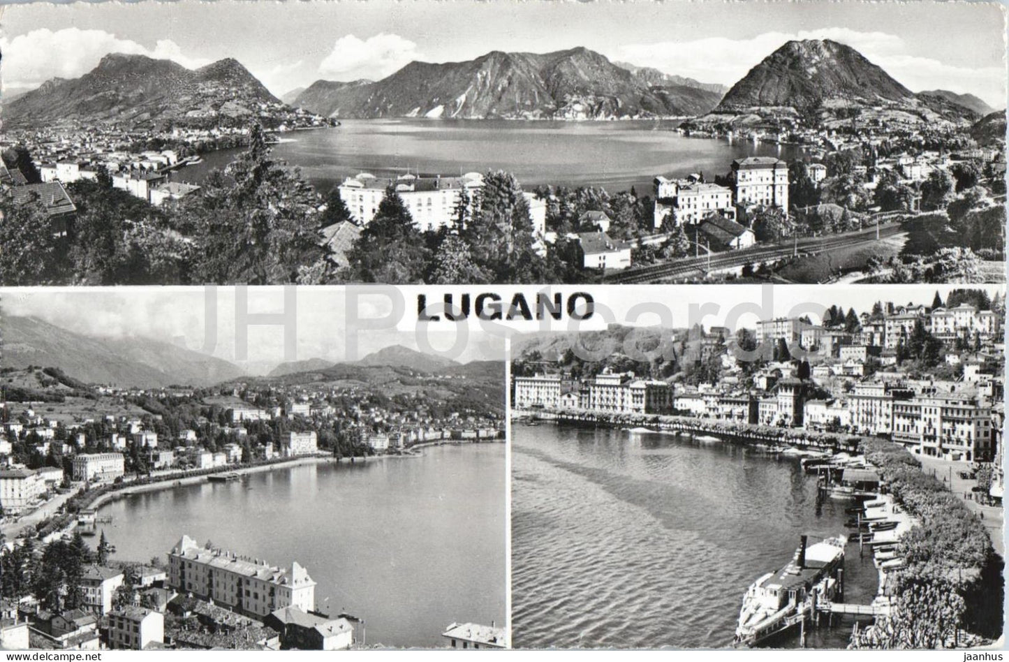 Lugano - lake - panorama - city views - mountains - Alps - multiview - 2749 - old postcard - 1956 - Switzerland - used - JH Postcards