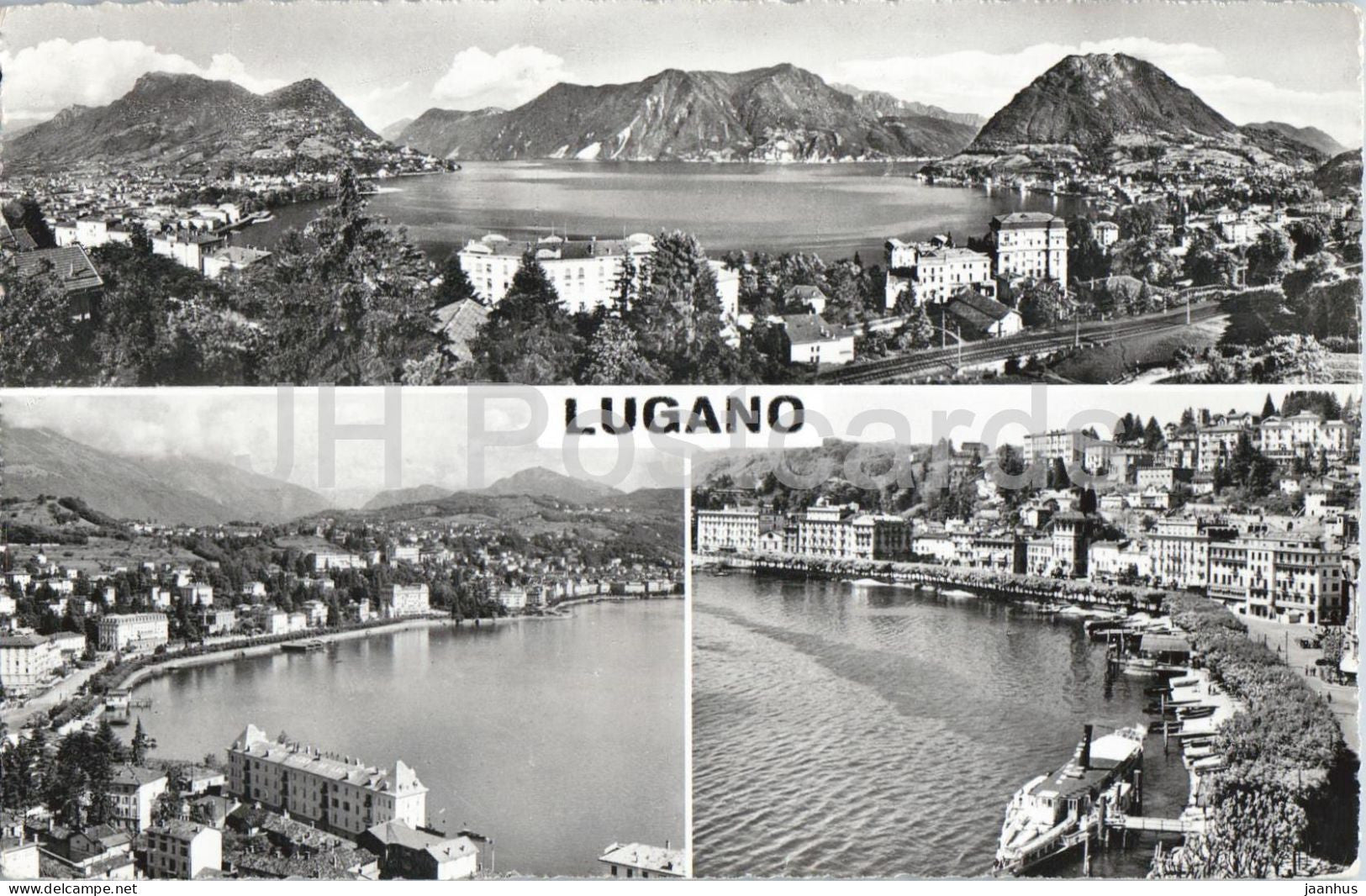 Lugano - lake - panorama - city views - mountains - Alps - multiview - 2749 - old postcard - 1956 - Switzerland - used - JH Postcards