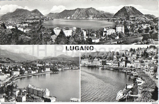 Lugano - lake - panorama - city views - mountains - Alps - multiview - 2749 - old postcard - 1956 - Switzerland - used - JH Postcards