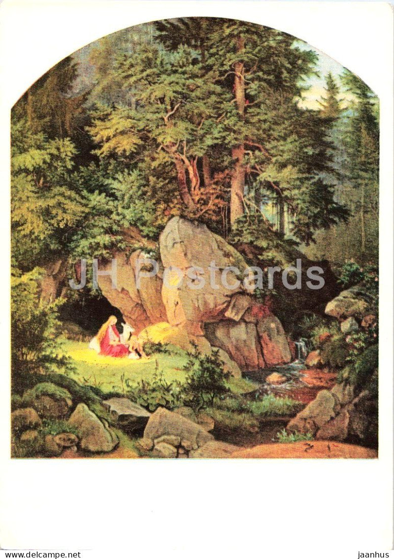 painting by Adrian Ludwig Richter - Genoveva - forest landscape - old postcard - 1955 - Germany DDR - unused - JH Postcards