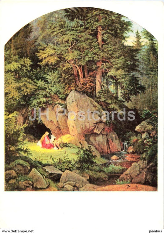painting by Adrian Ludwig Richter - Genoveva - forest landscape - old postcard - 1955 - Germany DDR - unused - JH Postcards
