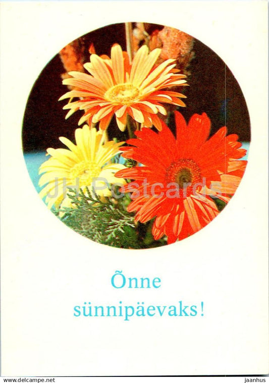 Birthday Greeting Card - Red and yellow flowers - 1980 - Estonia USSR - used - JH Postcards
