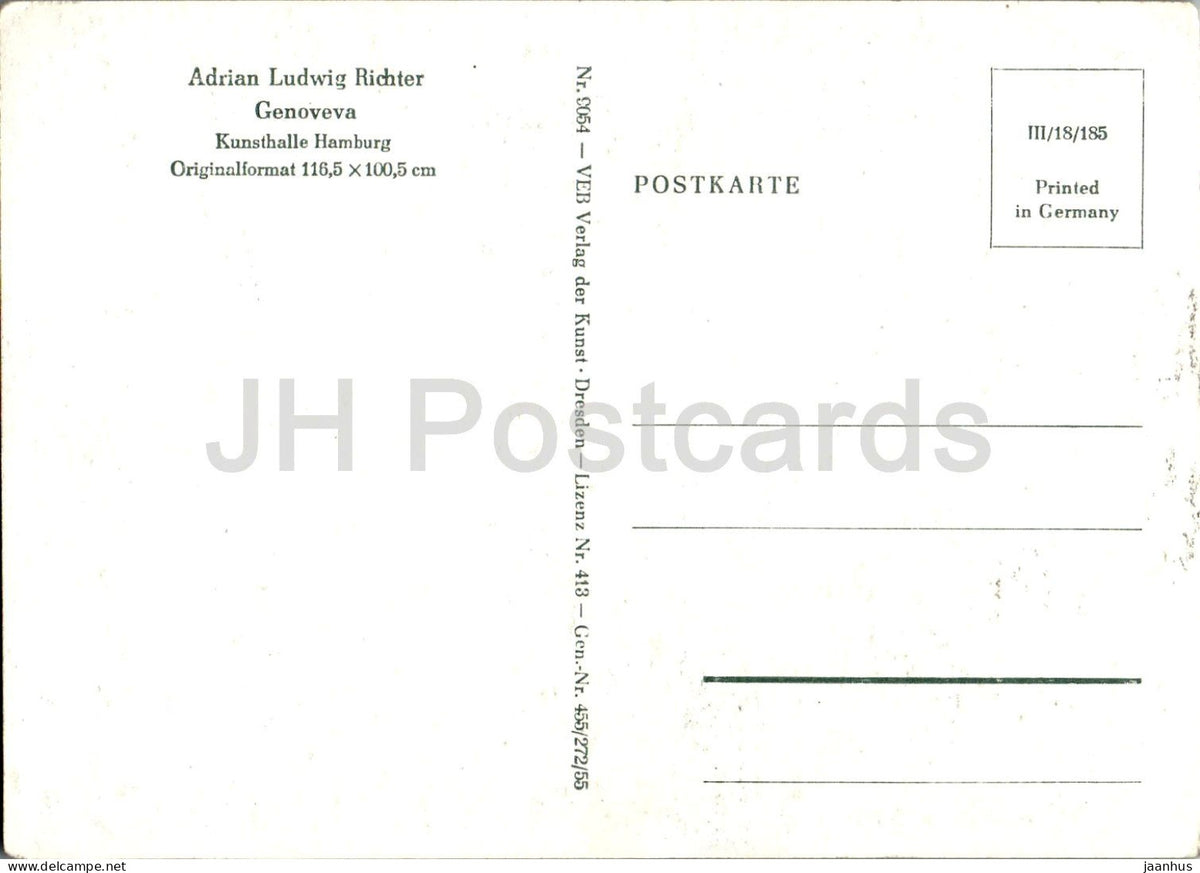 painting by Adrian Ludwig Richter - Genoveva - forest landscape - old postcard - 1955 - Germany DDR - unused
