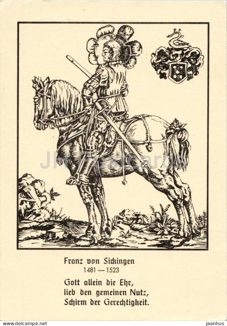 engraving - Franz von Sickingen - knight on horseback - horse - military - old postcard - 1950s - Germany - unused - JH Postcards