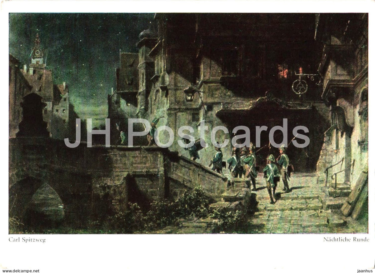 painting by Carl Spitzweg - The Night Patrol - Nachtliche Runde - German art - old postcard - 1955 - Germany - used - JH Postcards