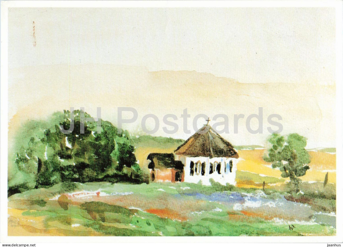 watercolor by W. Teich - Church near Vitt on Rugen Island - Kirche b. Vitt - German art - 1989 - Germany - unused - JH Postcards