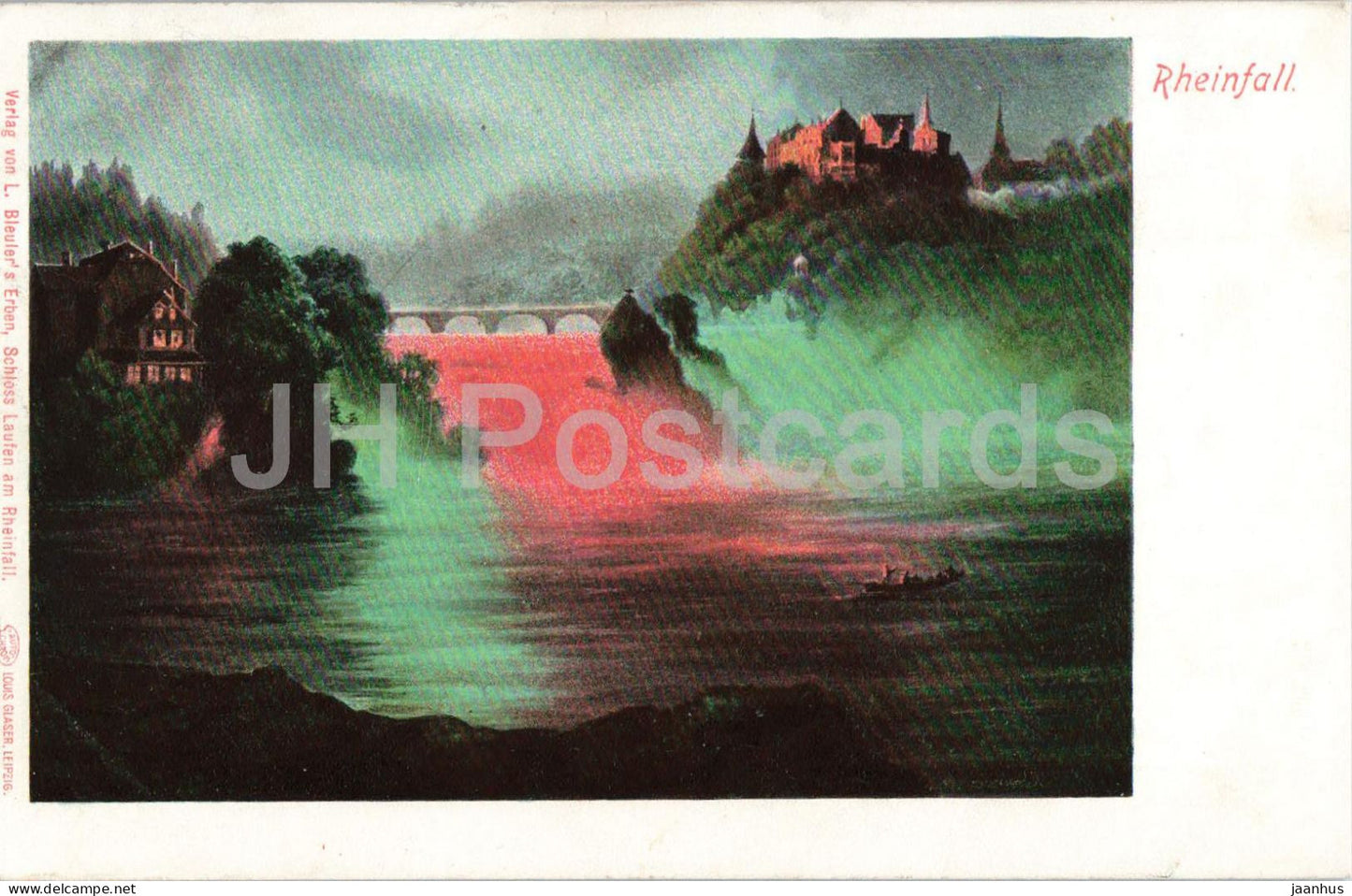 Rheinfall - waterfall night view illuminated falls - old postcard - 1907 - Switzerland - used - JH Postcards