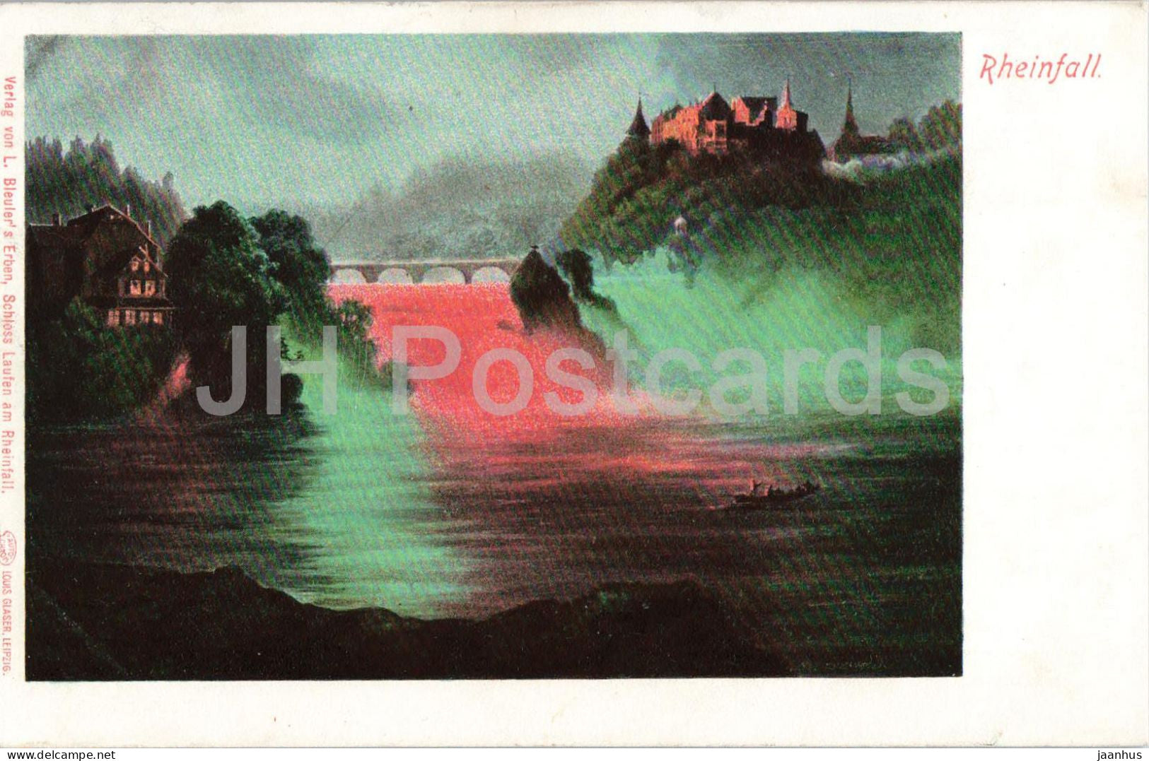 Rheinfall - waterfall night view illuminated falls - old postcard - 1907 - Switzerland - used - JH Postcards