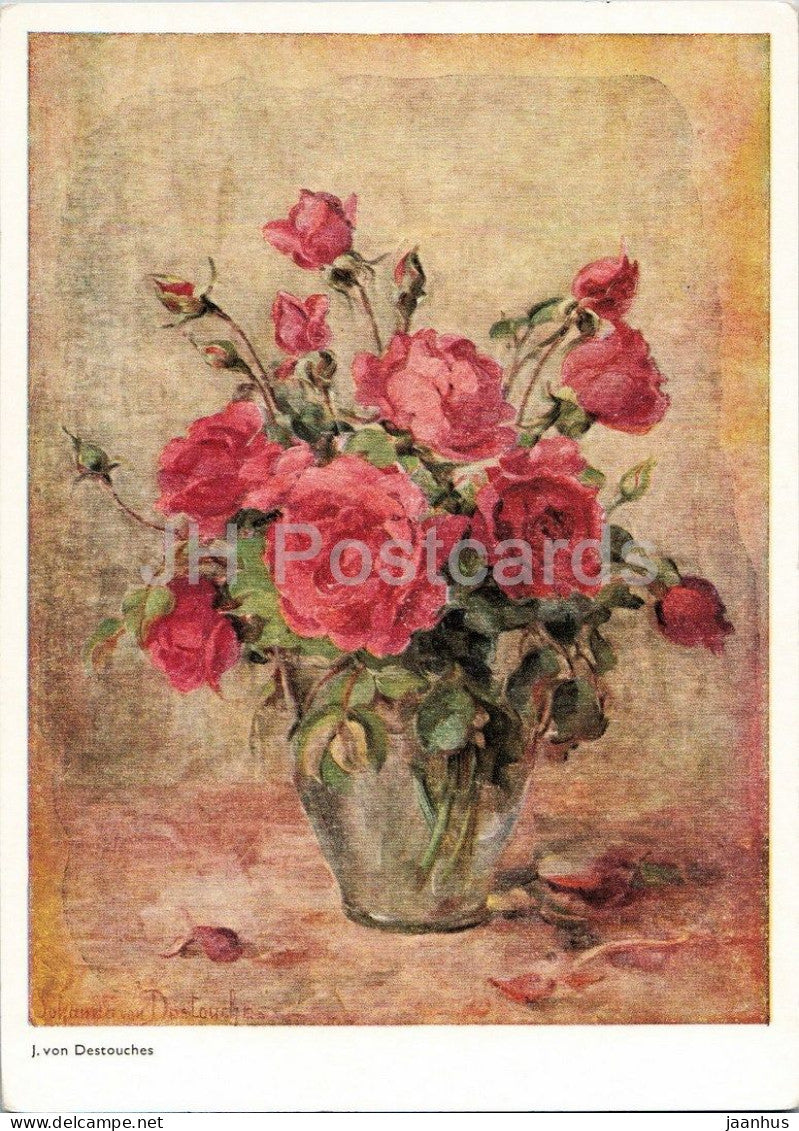painting by Johanna von Destouches - Red Roses - Rote Rosen - flowers - German art - Switzerland - unused - JH Postcards