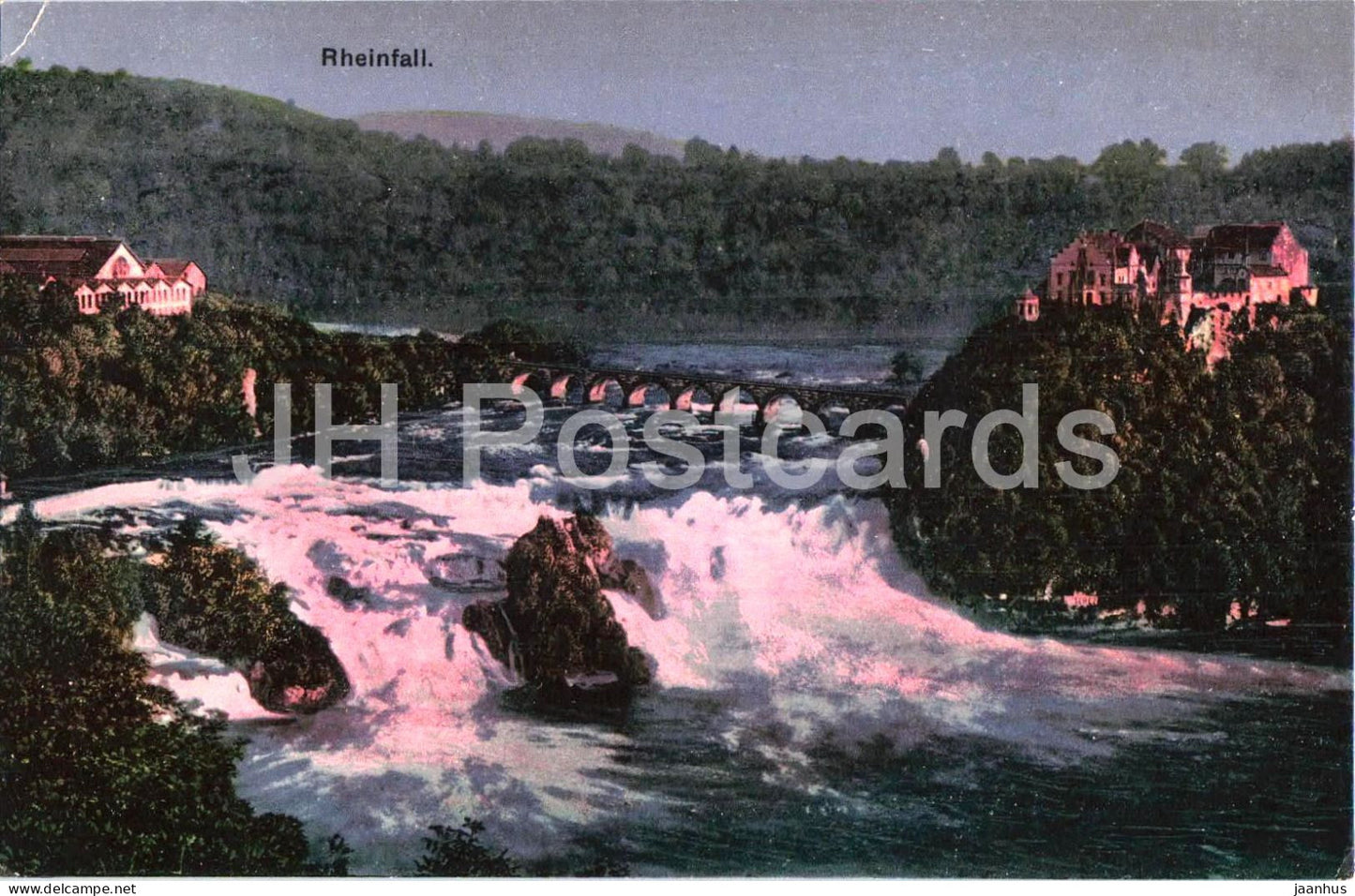 Rheinfall - waterfall view with castle and railway bridge - 5098 - old postcard - 1911 - Switzerland - used - JH Postcards