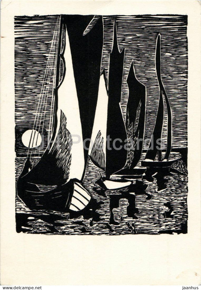 woodcut by Gerhard Quade - Homecoming Boats - Heimkehrende Boote - boat - German art - Germany - unused - JH Postcards
