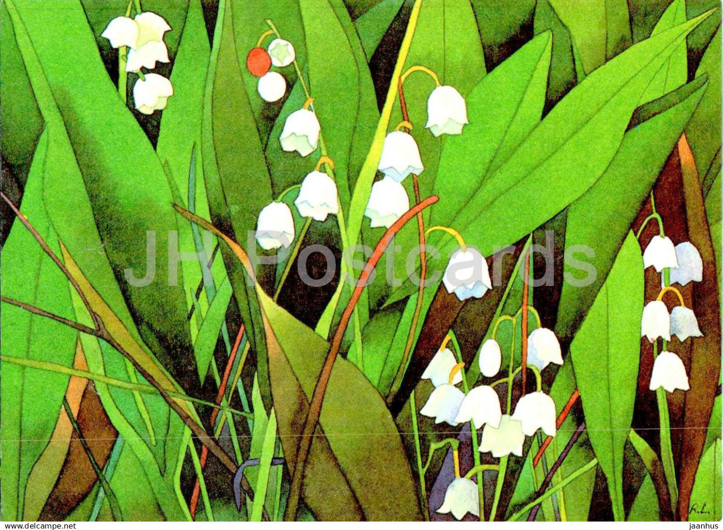 Birthday Greeting Card by R. Lukk - Lily of the Valley - flowers - illustration - 1 - 1985 - Estonia USSR - used - JH Postcards