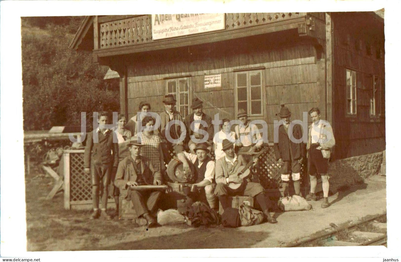 Alpen Gasthaus Franz Zach - Feistritzsattel - Alpine Inn - hikers - photo - old postcard - 1930s - Austria - used - JH Postcards
