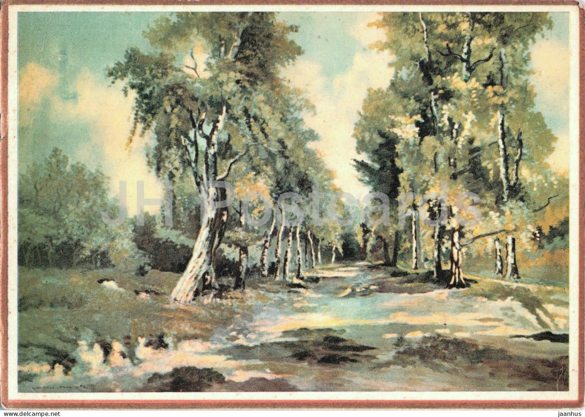 unidentified painting - birch forest path landscape - illustration - K 2228 - old postcard - Germany - unused - JH Postcards