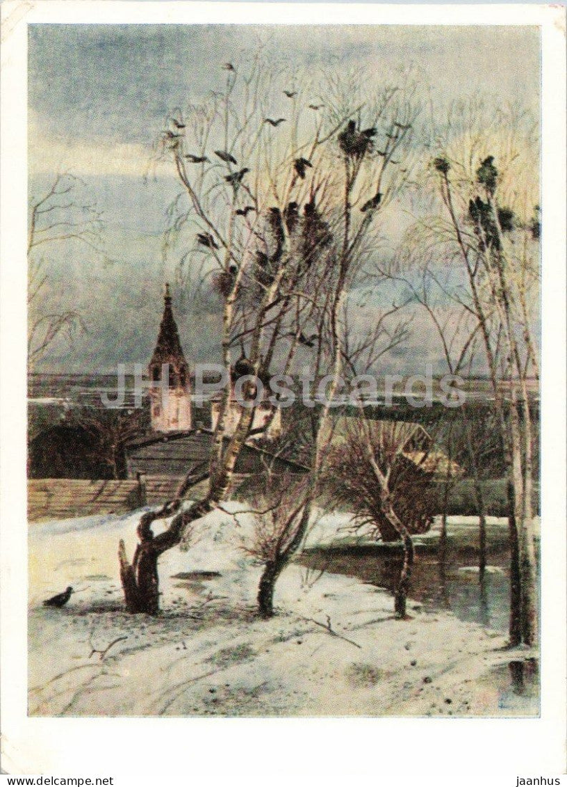 painting by Aleksey Savrasov - The Rooks Have Returned - Russian art - postal stationery - 1956 - Russia USSR - unused - JH Postcards