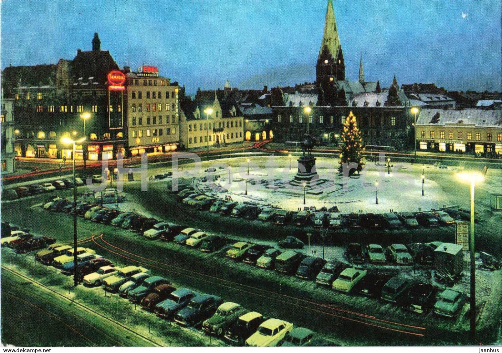 Malmo - Stortorget - The Main Square - city square - evening view - Christmas tree - 1963 - Sweden - used - JH Postcards
