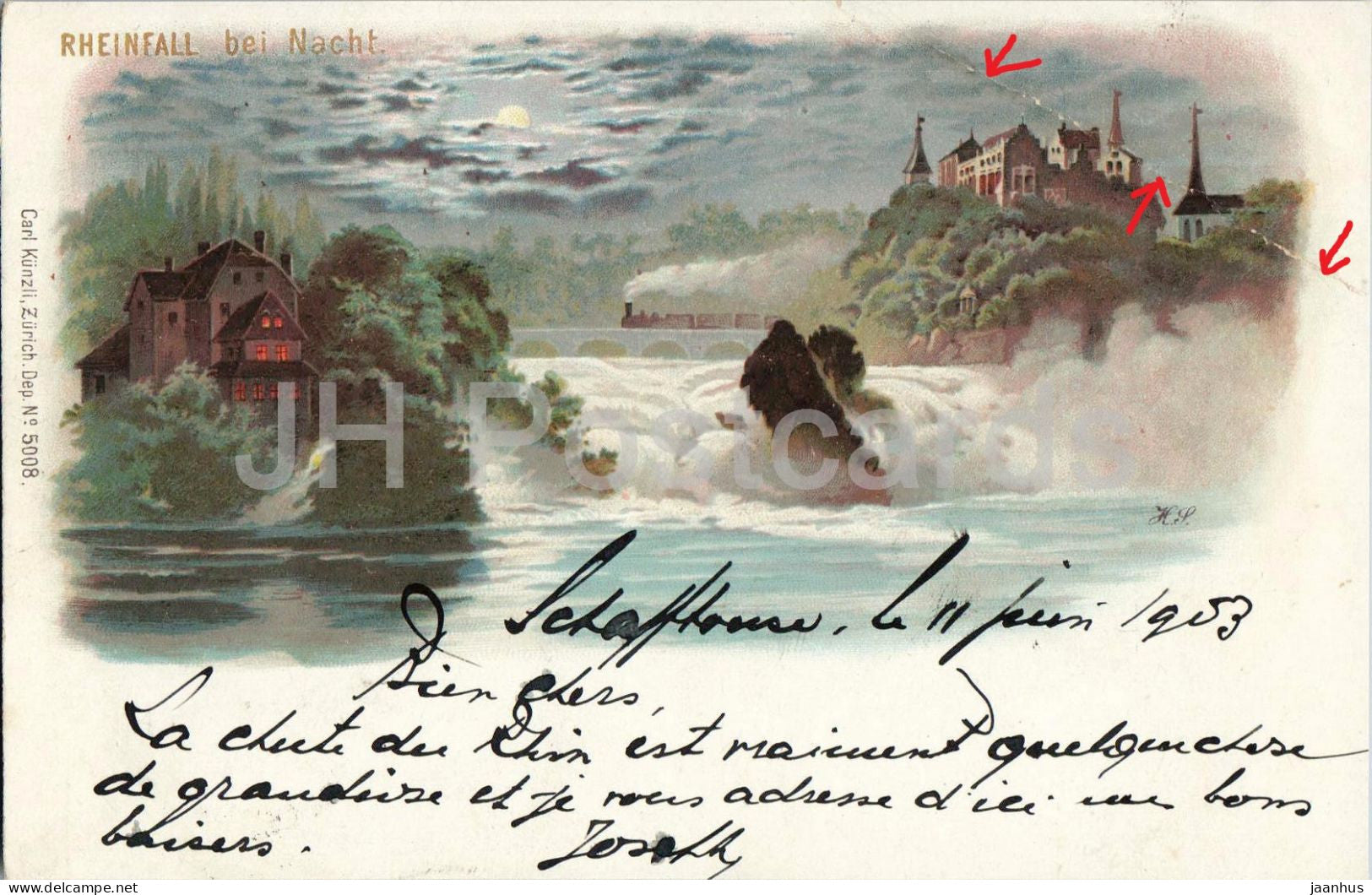 Rheinfall bei Nacht - moonlight - castle - train bridge - river - No. 5008 - old postcard - 1903 - Switzerland - used - JH Postcards