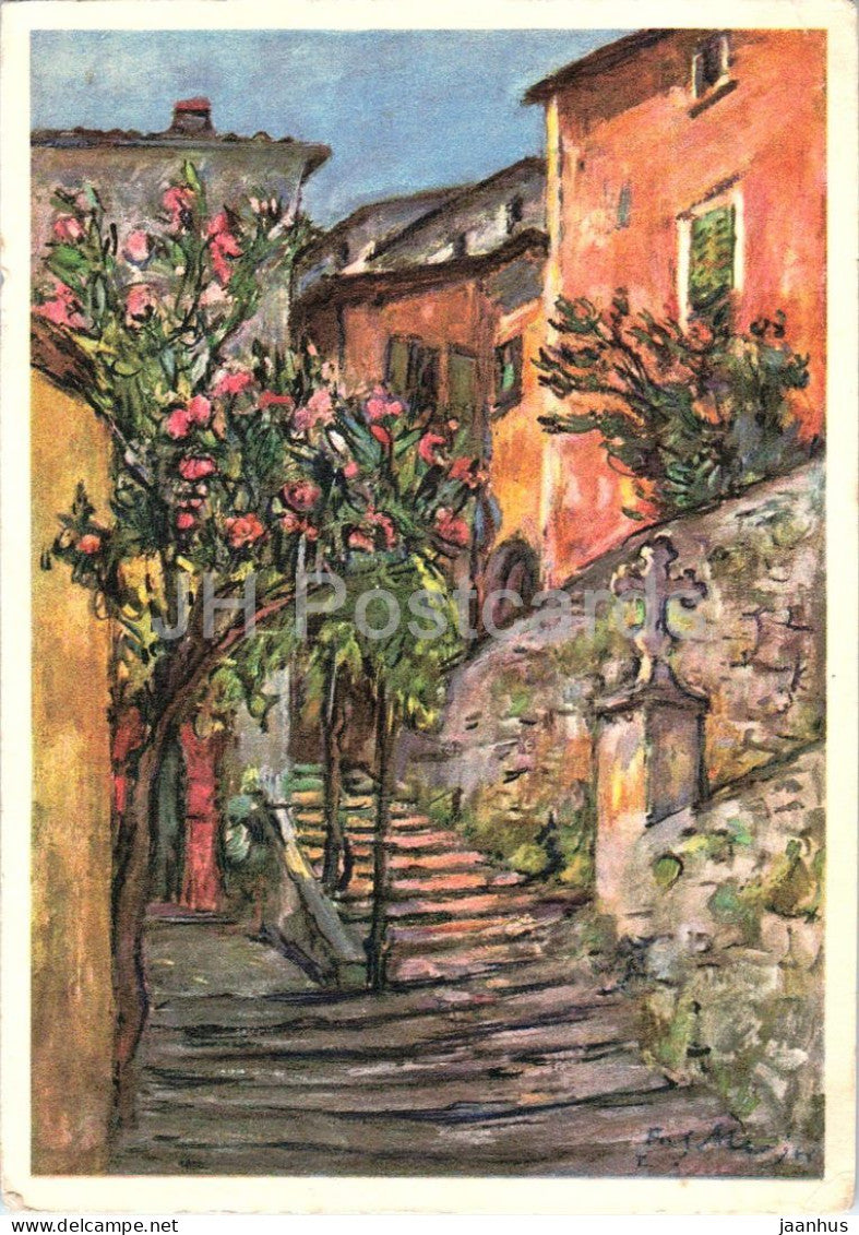 painting by Fritz Meijer - Street in Gandria with oleanders - Swiss art - old postcard - 1956 - Switzerland - used - JH Postcards