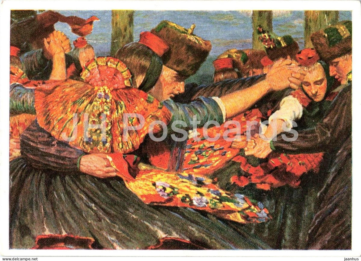 painting by Karl Bantzer - Hessian peasants dancing - Hessischer Bauerntanz - German art - 1953 - Germany DDR - unused - JH Postcards