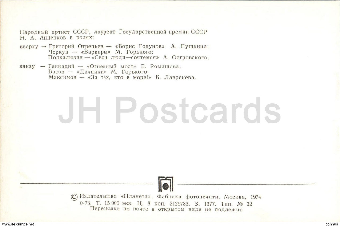 Nikolai Annenkov - Russian actor in stage roles - Maly Theatre - 1974 - Russia - USSR - unused