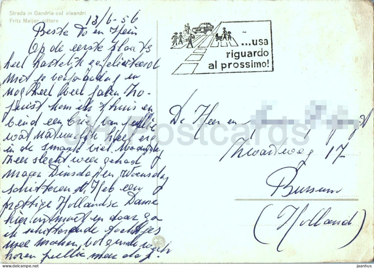 painting by Fritz Meijer - Street in Gandria with oleanders - Swiss art - old postcard - 1956 - Switzerland - used