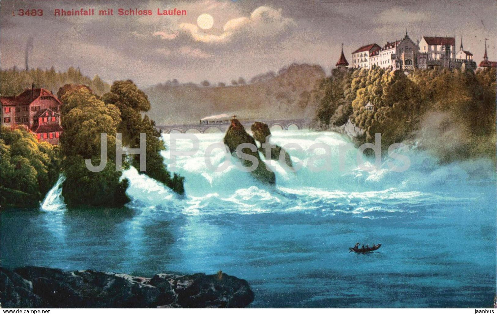 Rheinfall mit Schloss Laufen - moonlight - castle - river - 3483 - old postcard - 1913 - Switzerland - used - JH Postcards
