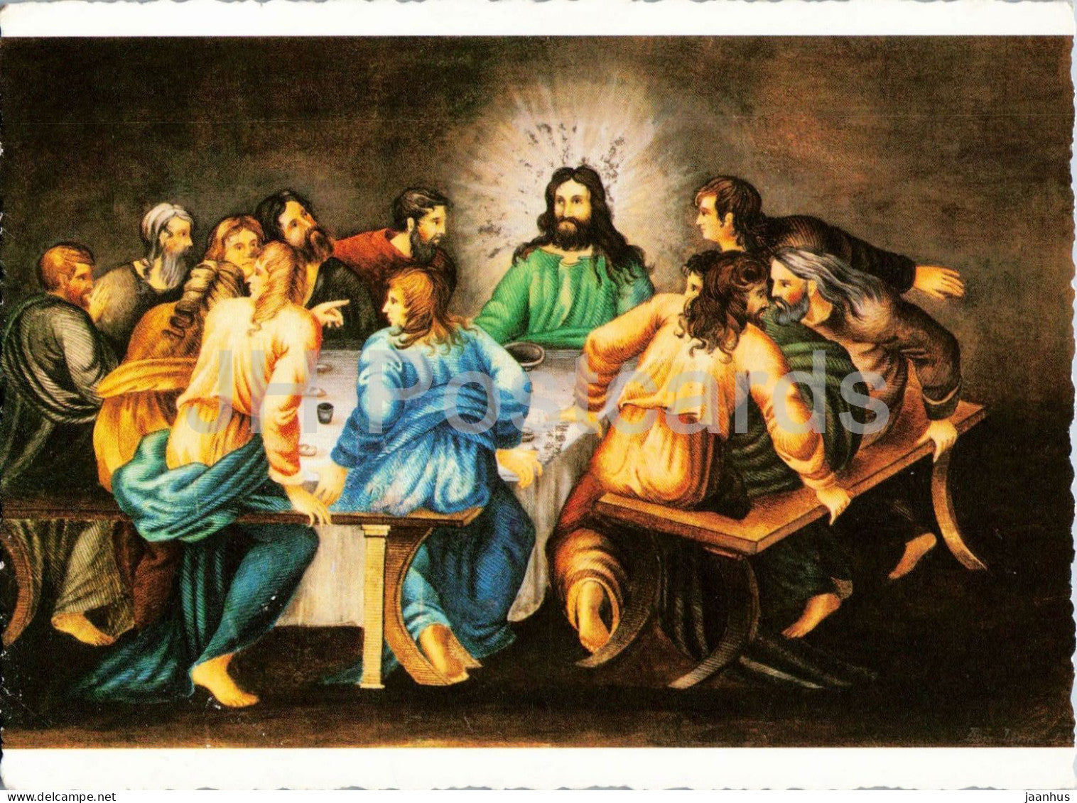 painting by Janos Janko - The Last Supper - Frohliches Osterft Hungarian art - Easter greetings - 1980s - Hungary - used - JH Postcards