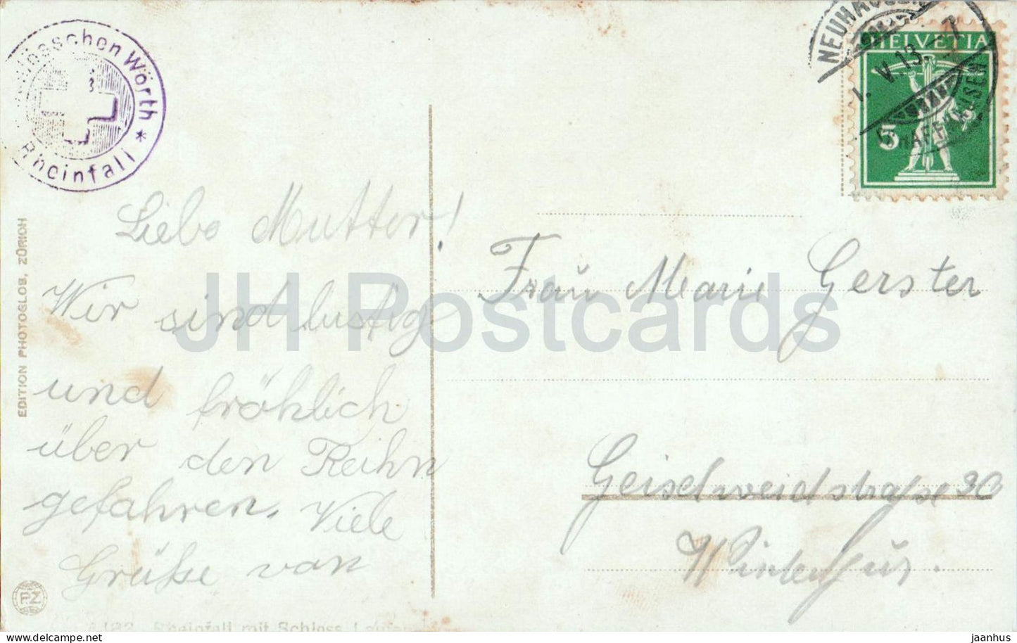 Rheinfall mit Schloss Laufen - moonlight - castle - river - 3483 - old postcard - 1913 - Switzerland - used