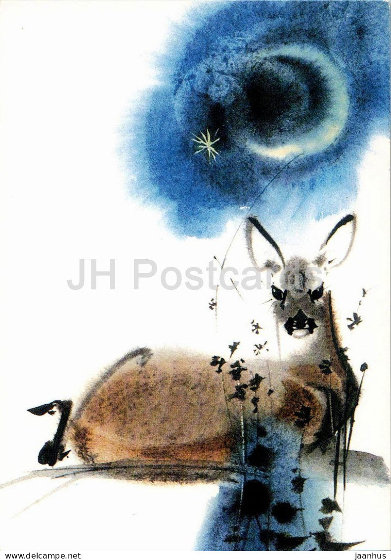 watercolor by Mirko Hanak - Deer - UNICEF card - Czech art - 1980s - Switzerland - used - JH Postcards