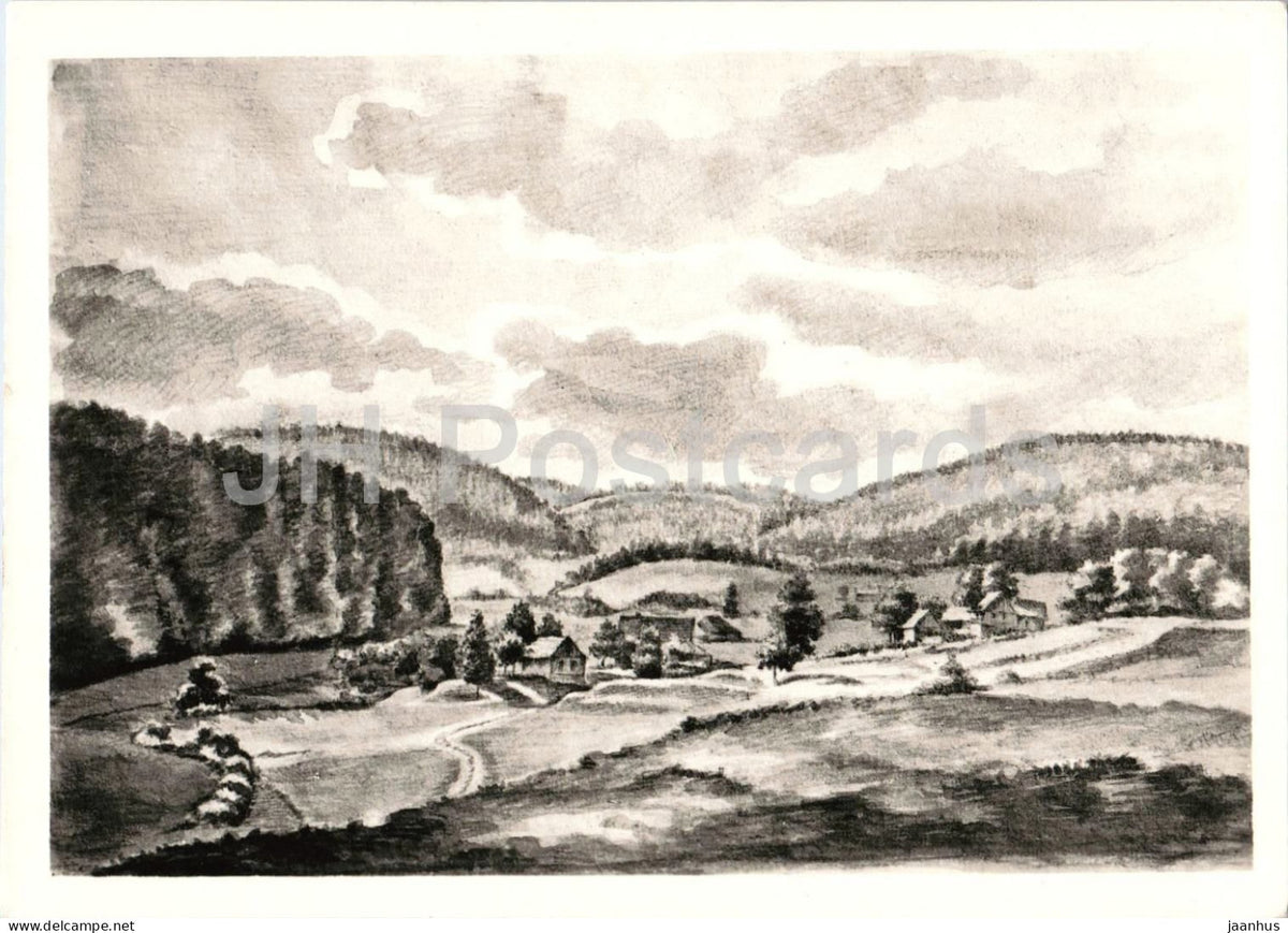 drawing by Goethe - View towards Stutzerbach - Blick vom Kantorsgartchen in Manebach auf Stutzerbach - Germany - unused - JH Postcards