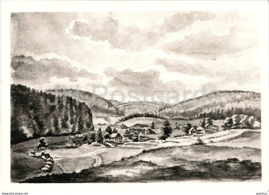 drawing by Goethe - View towards Stutzerbach - Blick vom Kantorsgartchen in Manebach auf Stutzerbach - Germany - unused - JH Postcards
