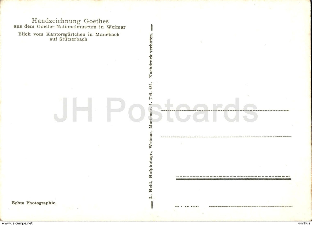 drawing by Goethe - View towards Stutzerbach - Blick vom Kantorsgartchen in Manebach auf Stutzerbach - Germany - unused