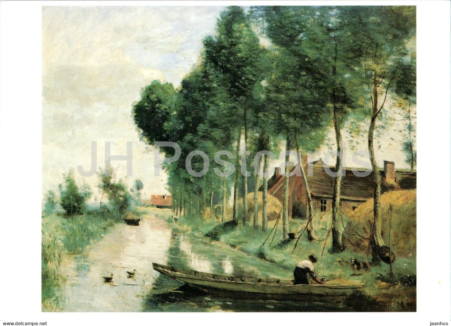 painting by Jean-Baptiste-Camille Corot - Landscape at Arleux-du-Nord - boat - 1990s - United Kingdom - unused - JH Postcards