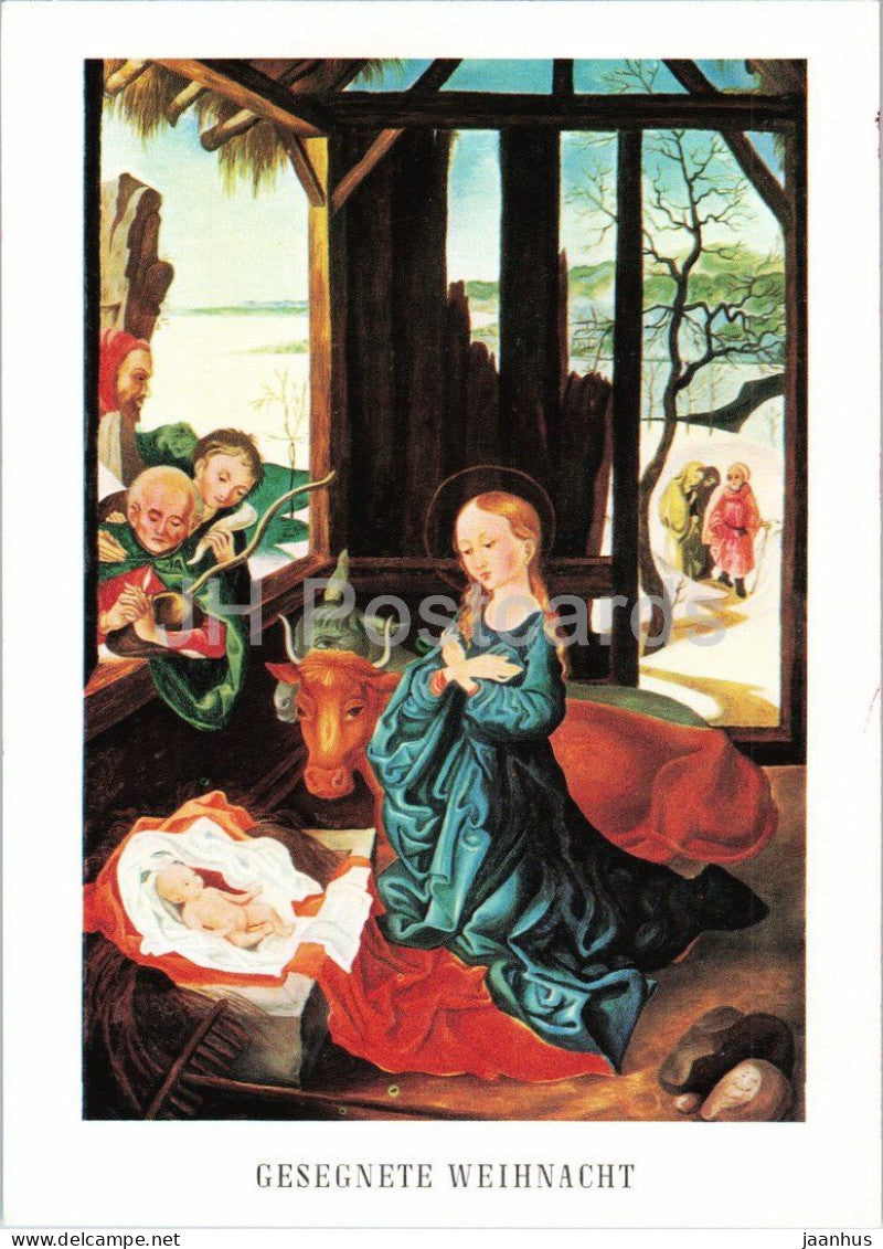 painting by I. Schricker after Martin Schongauer - Nativity - Christi Geburt - Christmas - German art - Germany - unused - JH Postcards