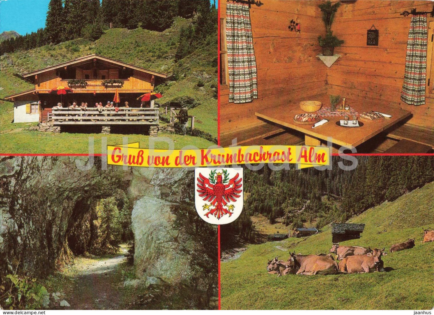 Gruss von der Krumbachrast Alm - Jausenstation - alpine hut - cattle pasture - cow - 161495 - 1994 - Austria - used - JH Postcards