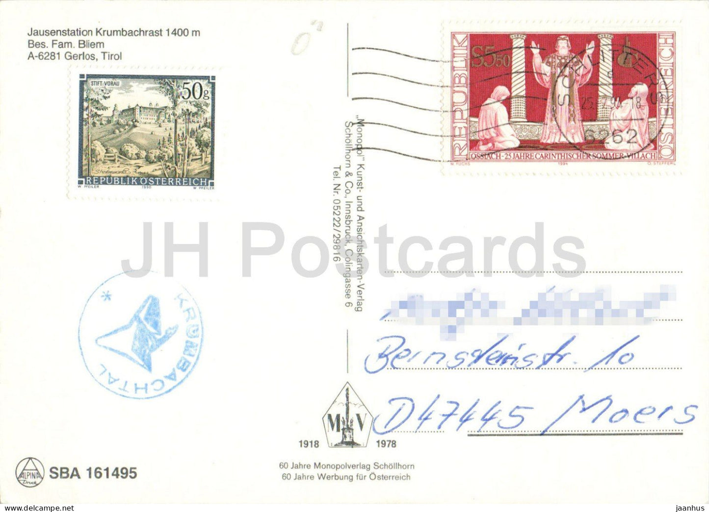 Gruss von der Krumbachrast Alm - Jausenstation - refuge alpin - pâturage pour bovins - vache - 161495 - 1994 - Autriche - utilisé 