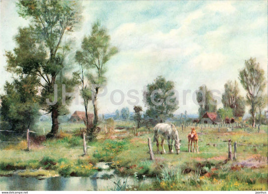 painting by L. Berlin - Pferd und Fohlen - animals - horse - Continental - German art - 1961 - Germany - unused - JH Postcards