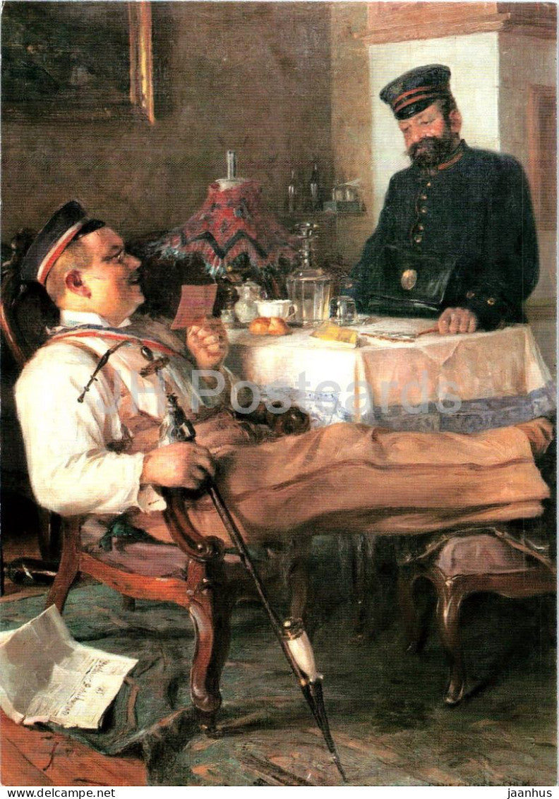painting by E. Bischoff-Culm - The Money Postman - Der Geldbrieftrager - pipe - German art - 1983 - Germany - unused - JH Postcards