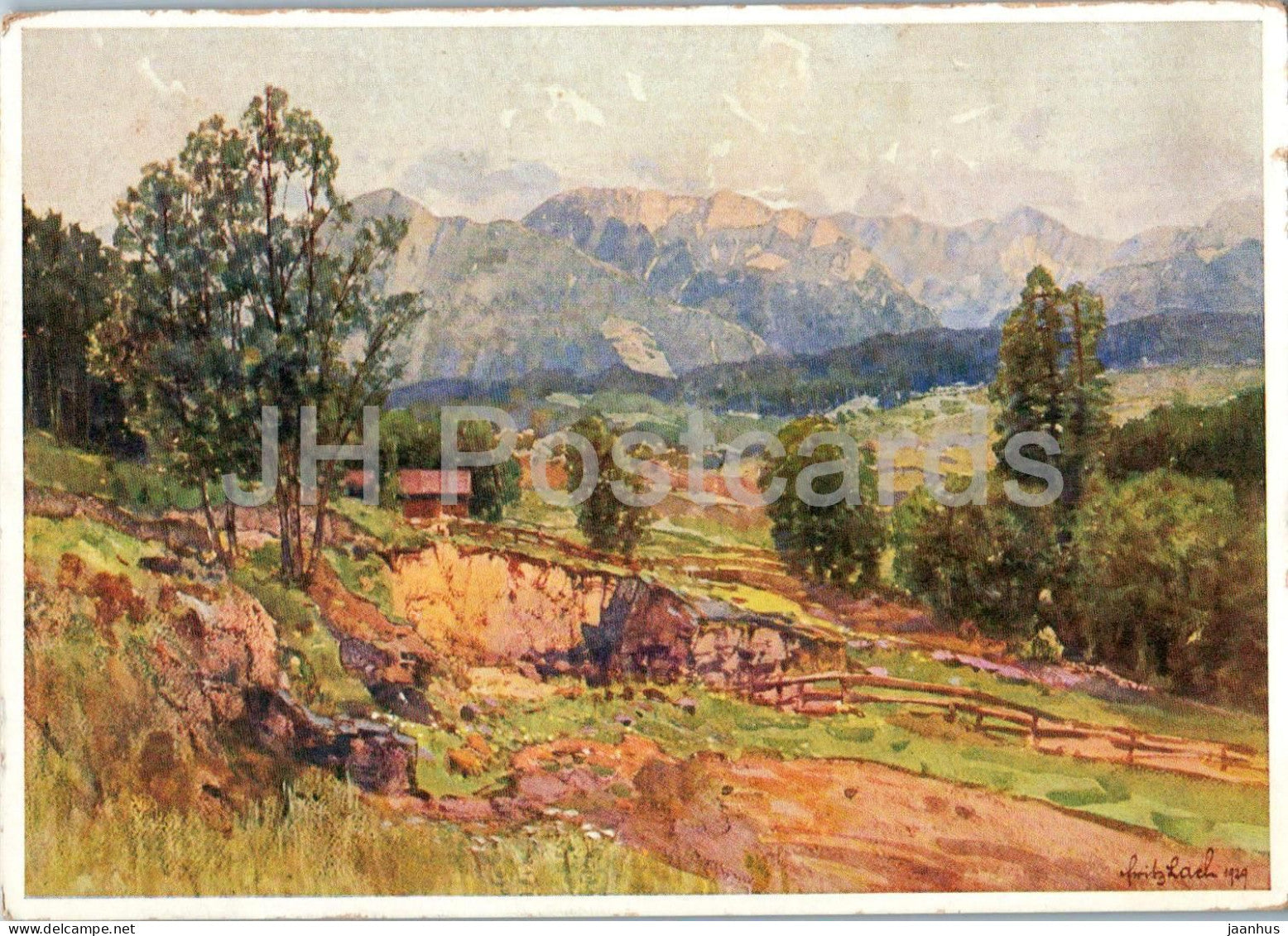 Jodbrombad Bad Hall - Oberosterreich - Gebirgsfernsicht - painting by Fritz Lach - old postcard - 1943 - Austria - used - JH Postcards