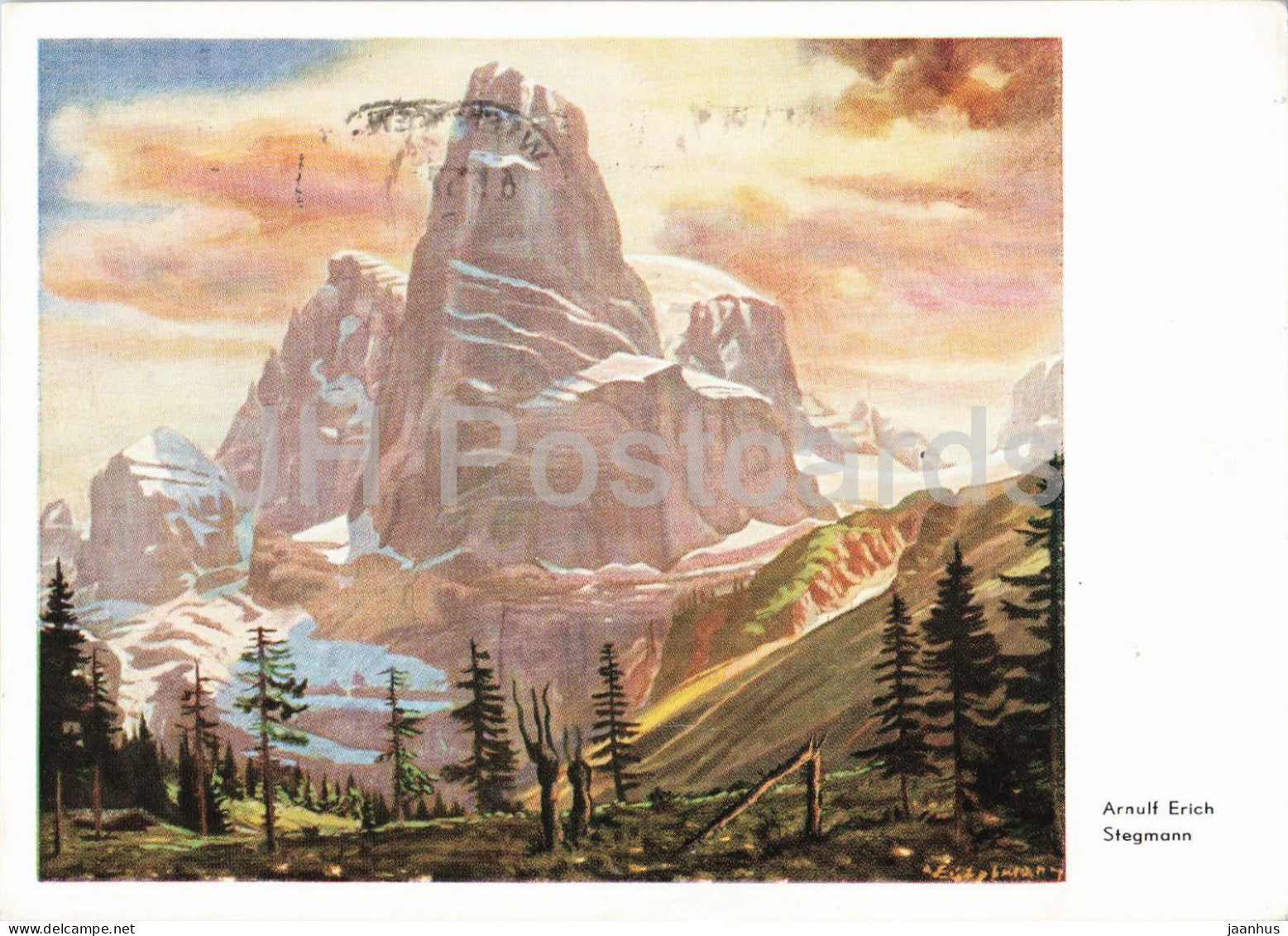 painting by Arnulf Erich Stegmann - Madonna di Campiglio - mountain landscape - old postcard - 1957 - Austria - used - JH Postcards