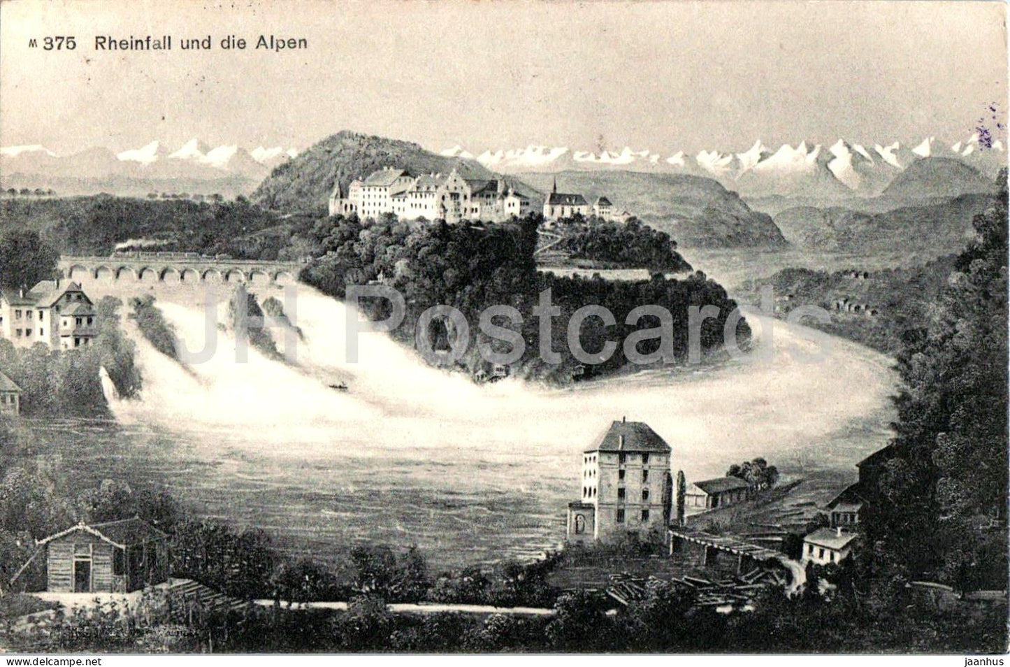 Rheinfall und die Alpen - waterfall Alps - castle - 375 - old postcard - 1920 - Switzerland - used - JH Postcards