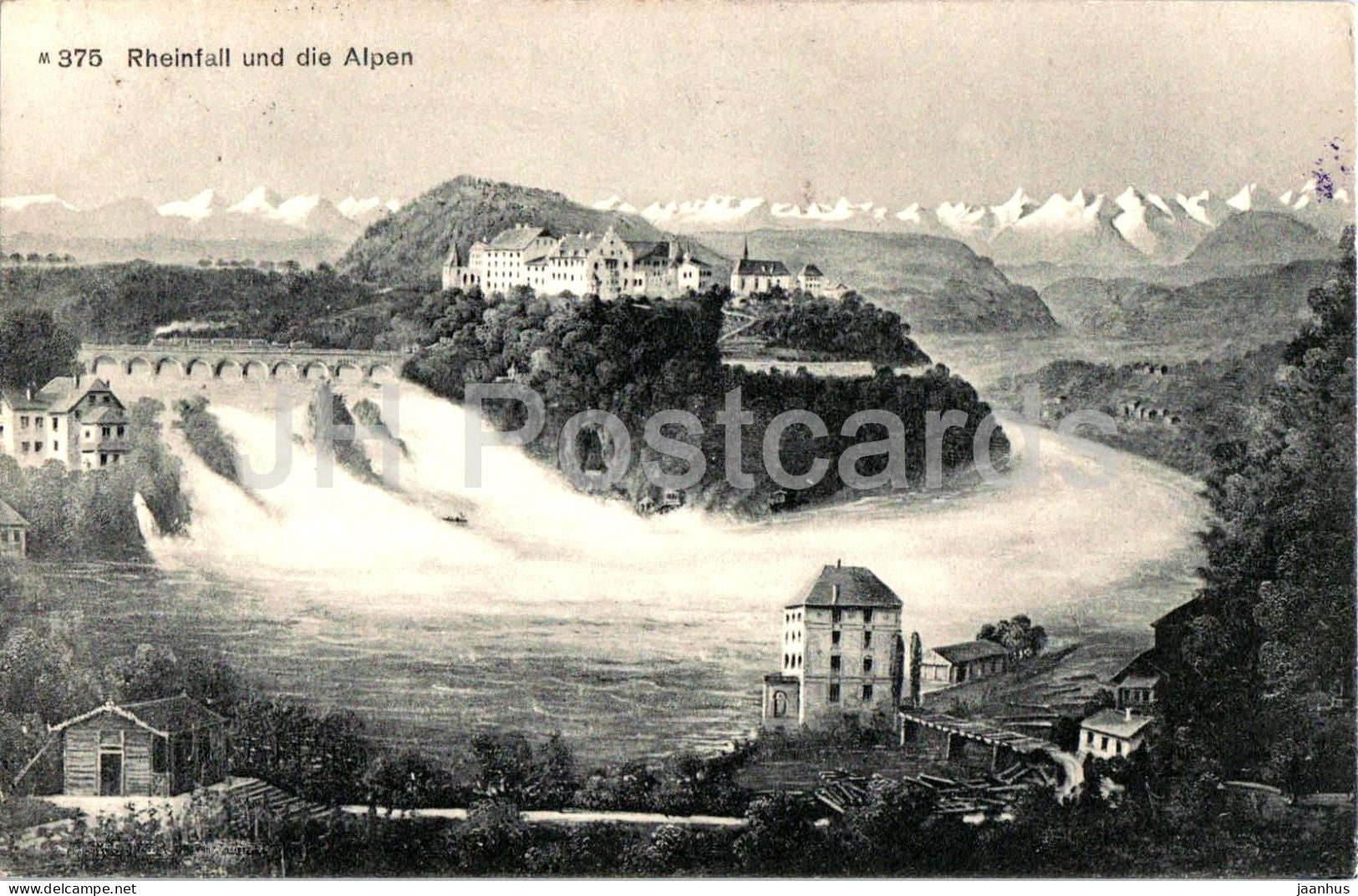 Rheinfall und die Alpen - waterfall Alps - castle - 375 - old postcard - 1920 - Switzerland - used - JH Postcards