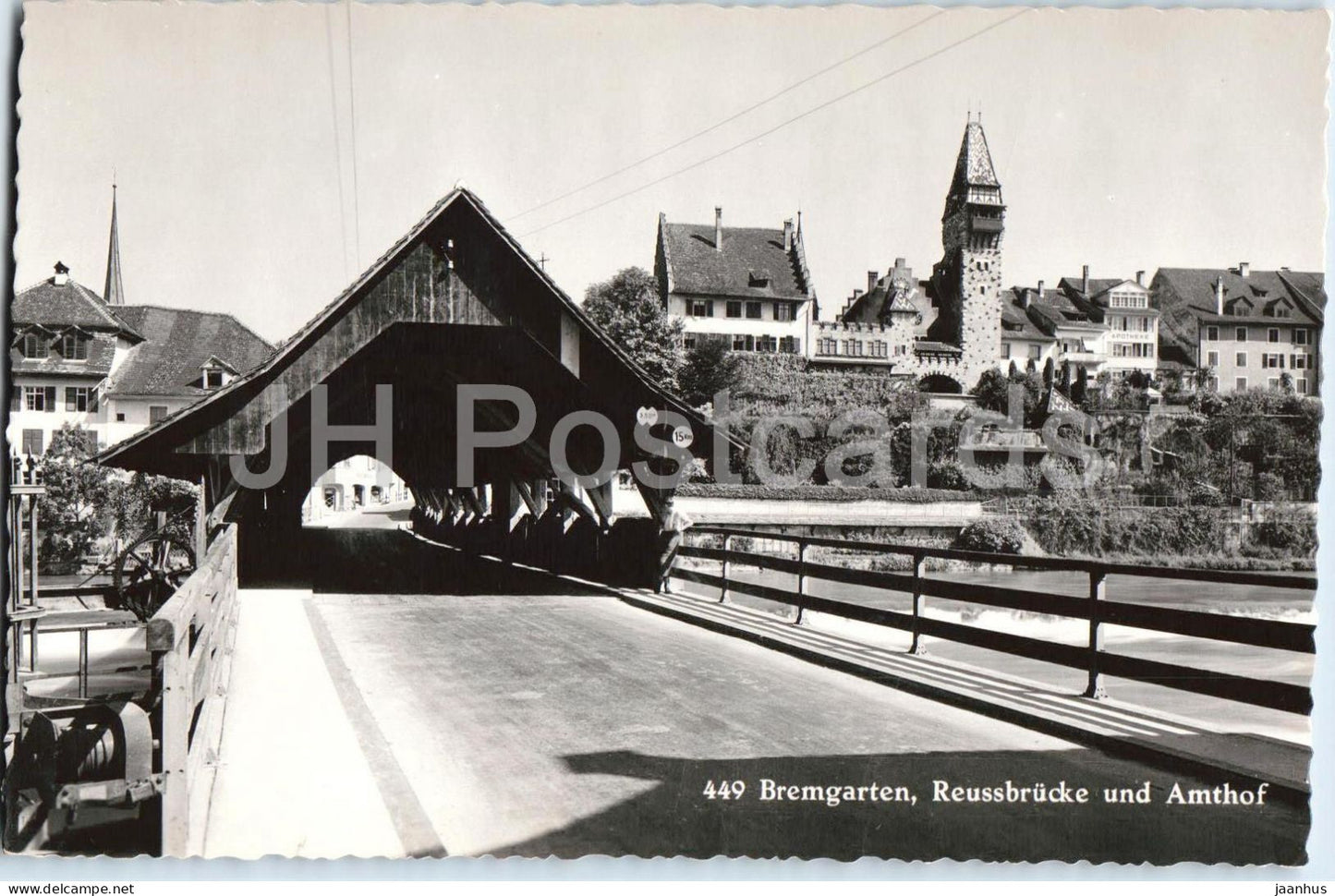 Bremgarten - Reussbrucke und Amthof - wooden bridge - river - town - tower - 449 - old postcard - Switzerland - used - JH Postcards