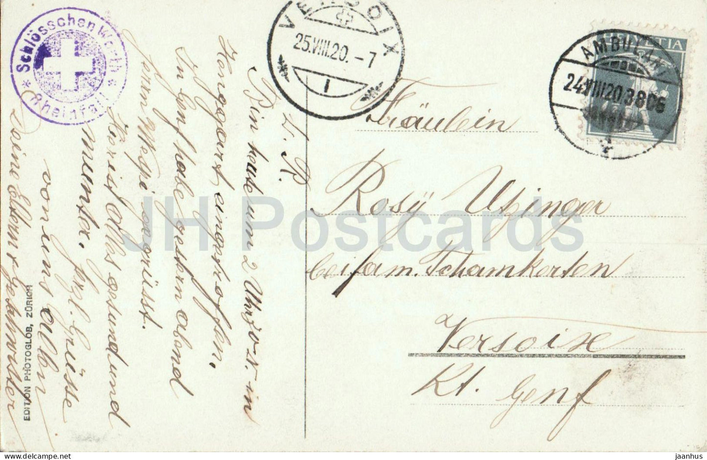 Rheinfall und die Alpen - waterfall Alps - castle - 375 - old postcard - 1920 - Switzerland - used