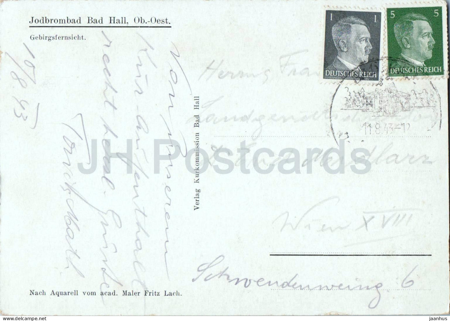 Jodbrombad Bad Hall - Oberosterreich - Gebirgsfernsicht - painting by Fritz Lach - old postcard - 1943 - Austria - used