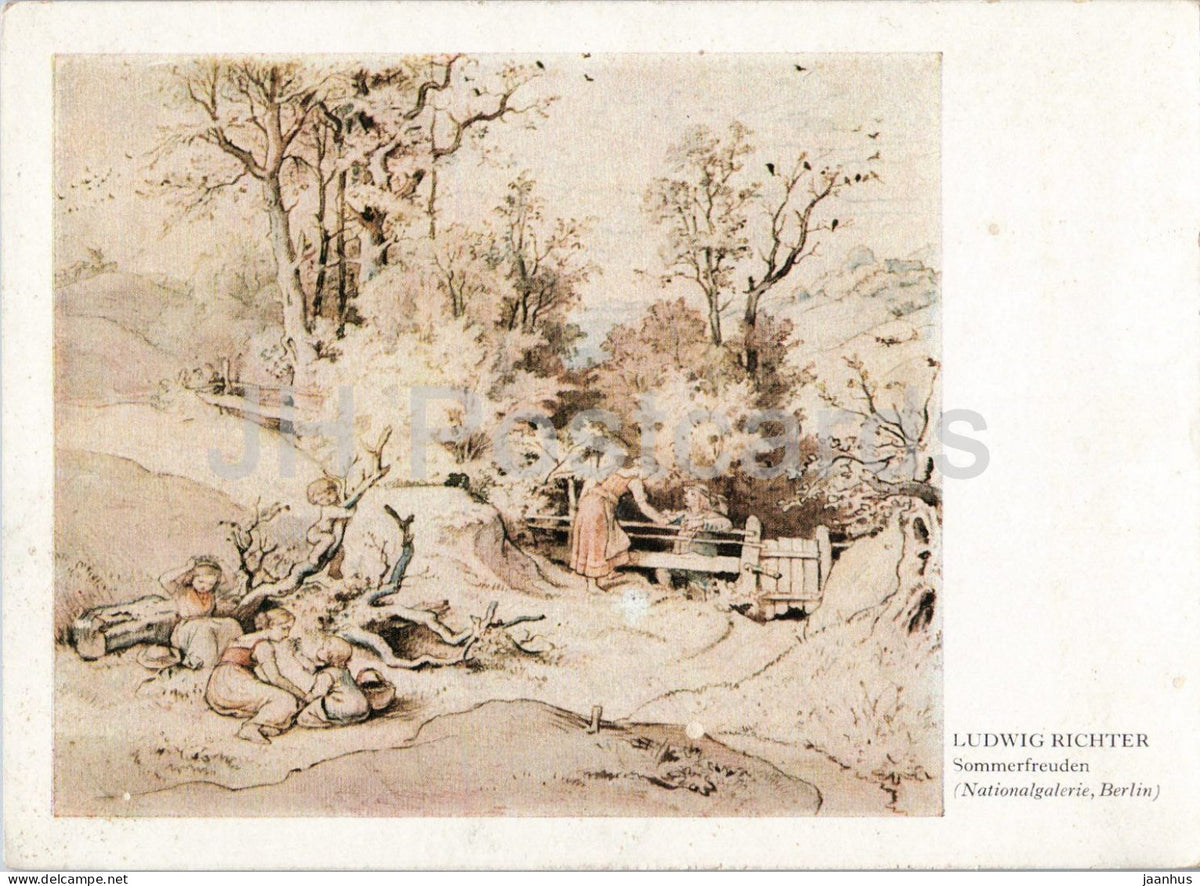 watercolor by Ludwig Richter - Summer Joys - Sommerfreuden - birds - German art - old postcard - Germany - unused - JH Postcards