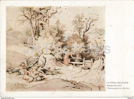 watercolor by Ludwig Richter - Summer Joys - Sommerfreuden - birds - German art - old postcard - Germany - unused - JH Postcards