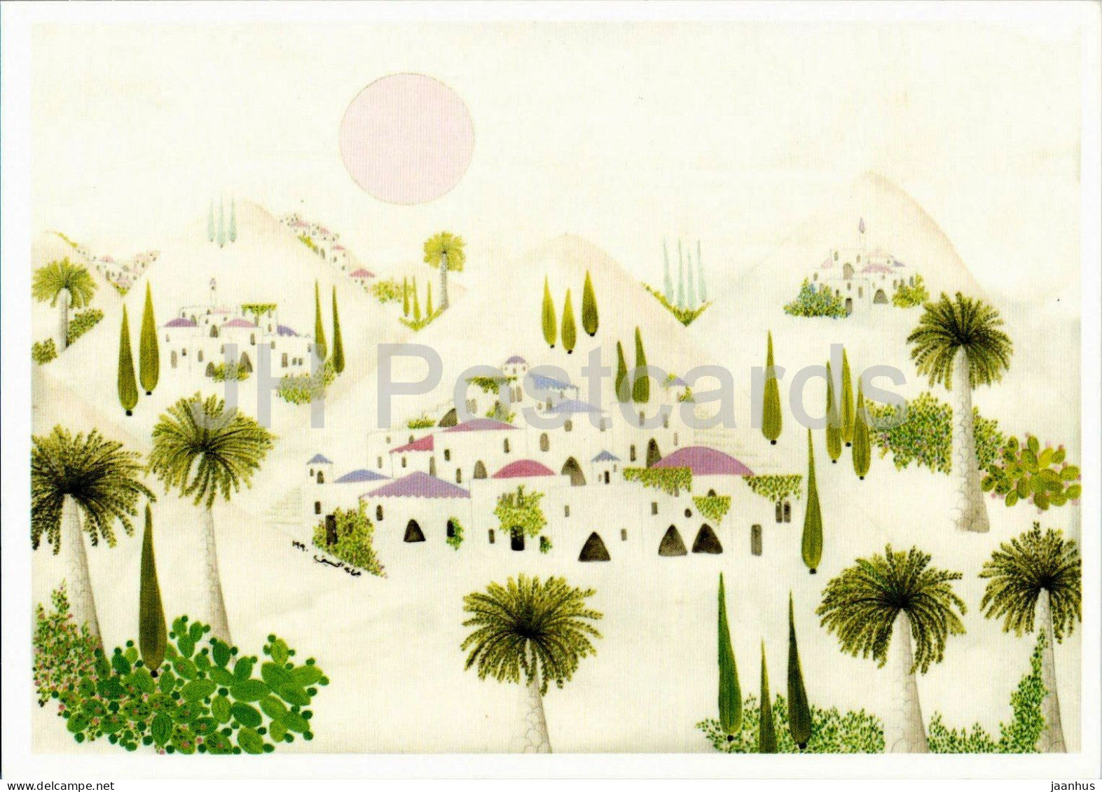 painting by Jumana Husseini - Palestinian Village - Palestinian art - L610 - 1990s - England - United Kingdom - unused - JH Postcards